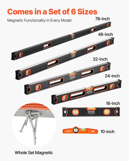 VEVOR 6-Pc Magnetic Torpedo Level Set, Aluminum, Multi-Angle
