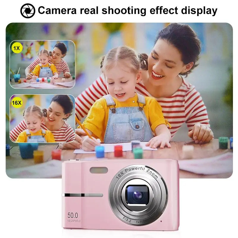 FHD 1080P Mini Digital Camera – 16X Zoom, Portable, SD Card Included, Perfect Gift for Teens & Students