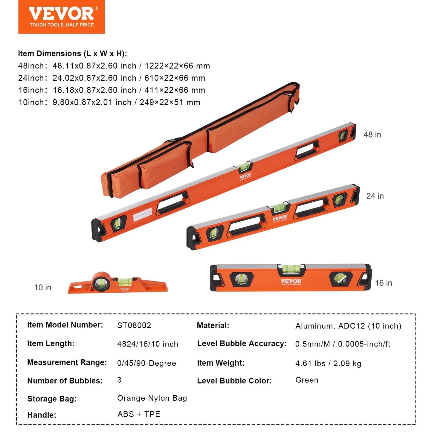VEVOR 6-Pc Magnetic Torpedo Level Set, Aluminum, Multi-Angle