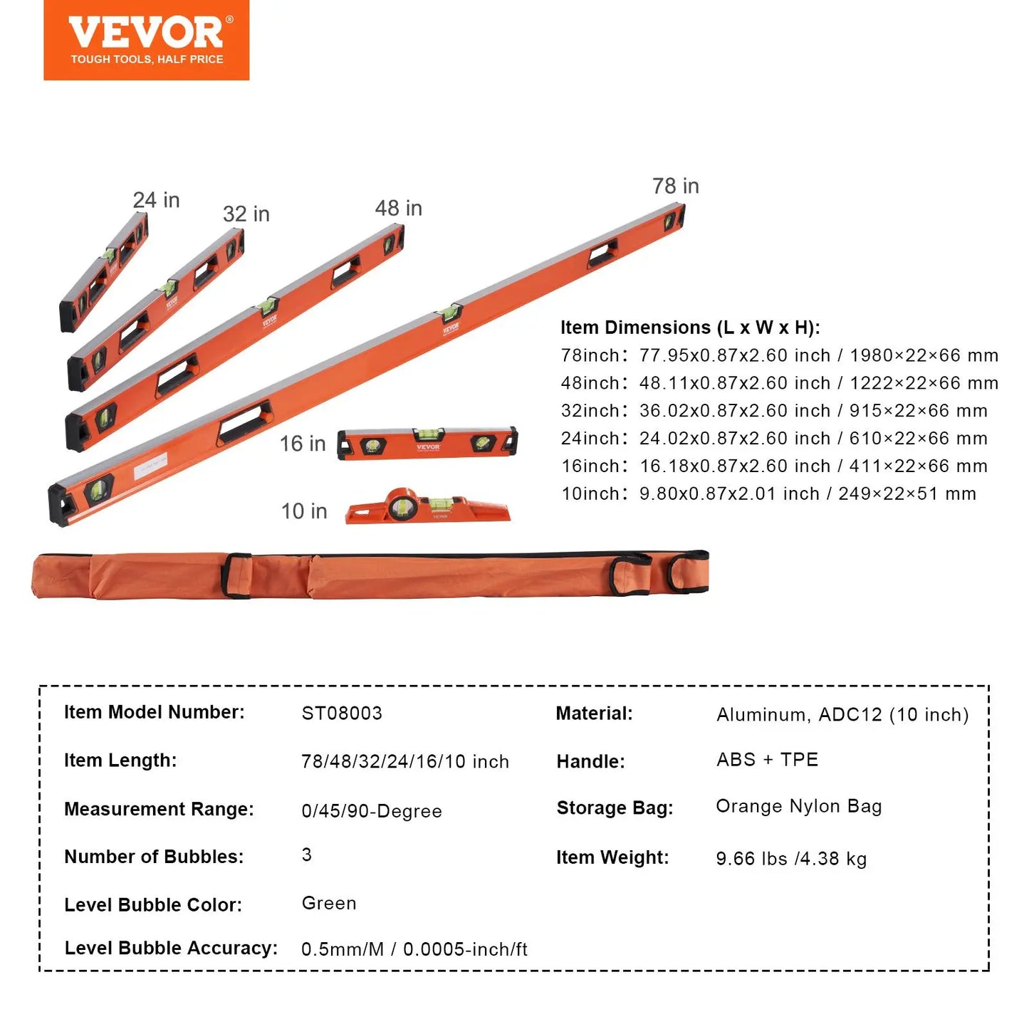 VEVOR 6-Pc Magnetic Torpedo Level Set, Aluminum, Multi-Angle