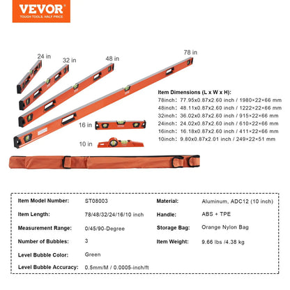 VEVOR 6-Pc Magnetic Torpedo Level Set, Aluminum, Multi-Angle
